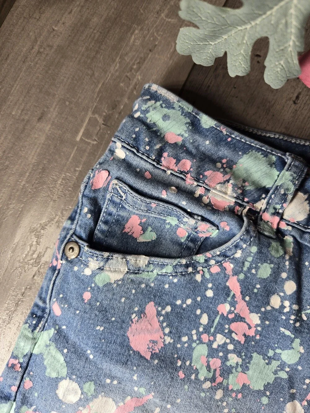Justice Denim Upcycled Paint-Splatter Shorts in Blue with Pink & Mint Size 16R
